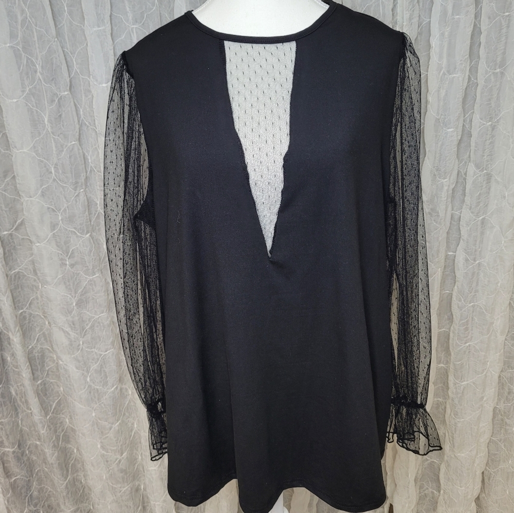 SHEIN Curve Long Sheer Swiss Dot Sleeve Black Deep V Neck Top
